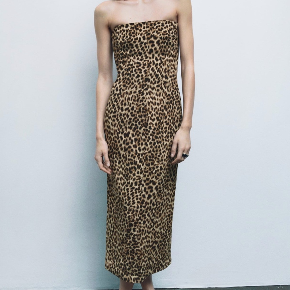 Zara Strapless Leopard Print Midi Dress in Brown and Black